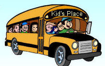 The Kid’s Place school bus illustration with children heading on a creative field trip