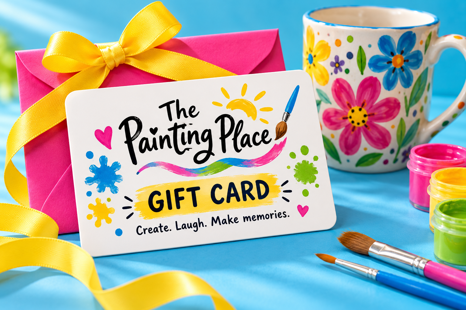 Gift card promotional artwork with a pink envelope, yellow ribbon, colorful pottery and The Painting Place lettering
